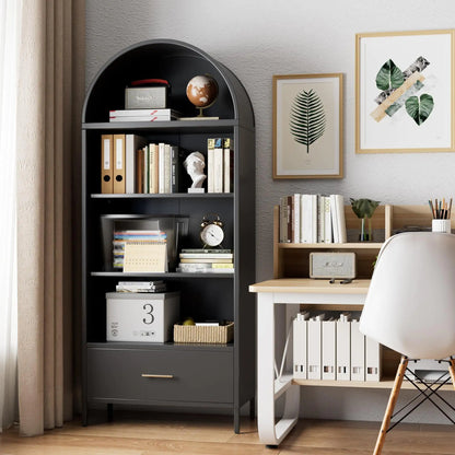 Black Metal Arched Bookshelf with Drawer - - Shelf