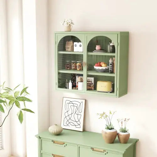 Green Double Door Arched Glass Wall Cabinet - Kia Day Design