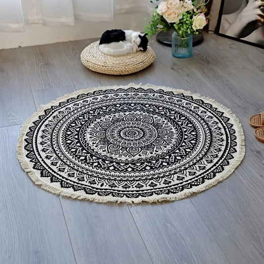 Black and White Mandala Round Cotton Area Rug with Tassels - Kia Day Design
