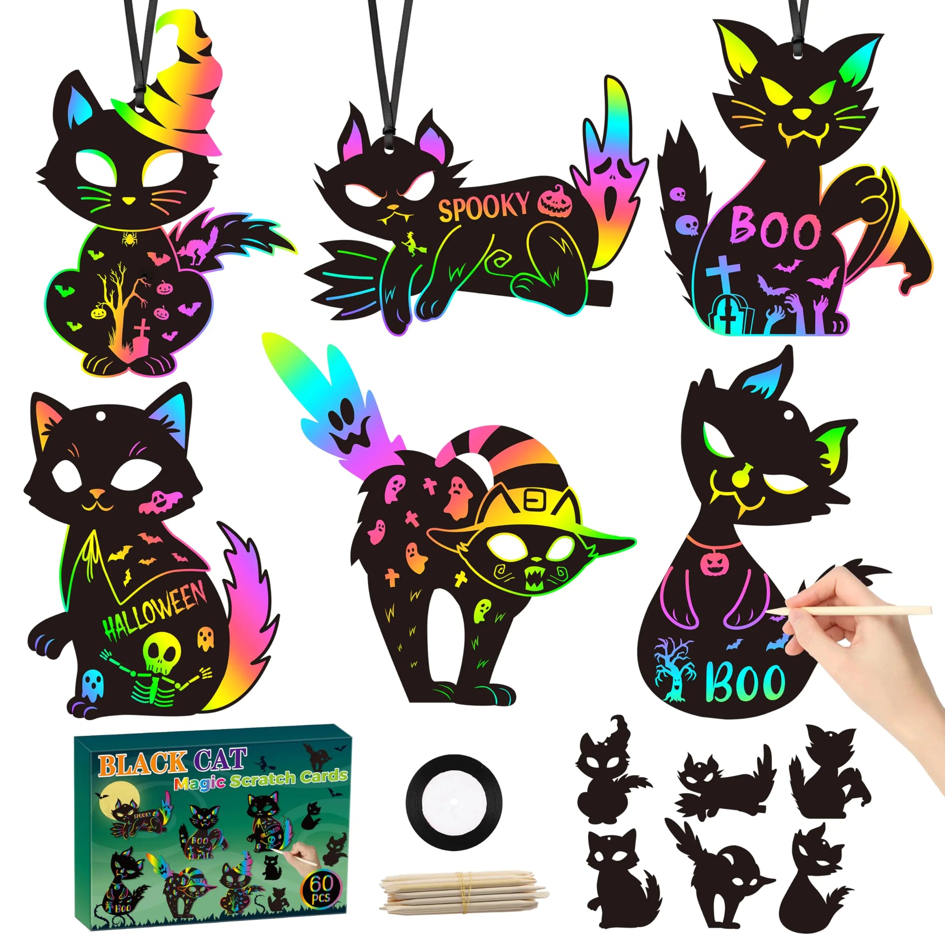 CY2CSIDE Halloween Black Cat Scratch Cards - 60PCS Halloween Spooky Ornament Scratch Card Gift Set for Kids DIY Black Cat Skull Magic Arty Rainbow Color Craft Scratch Kit for Kids School Activity Kia Day Design