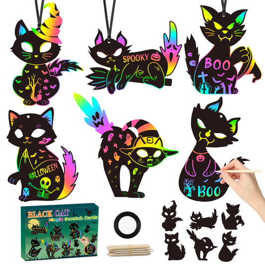 CY2CSIDE Halloween Black Cat Scratch Cards - 60PCS Halloween Spooky Ornament Scratch Card Gift Set for Kids DIY Black Cat Skull Magic Arty Rainbow Color Craft Scratch Kit for Kids School Activity Kia Day Design