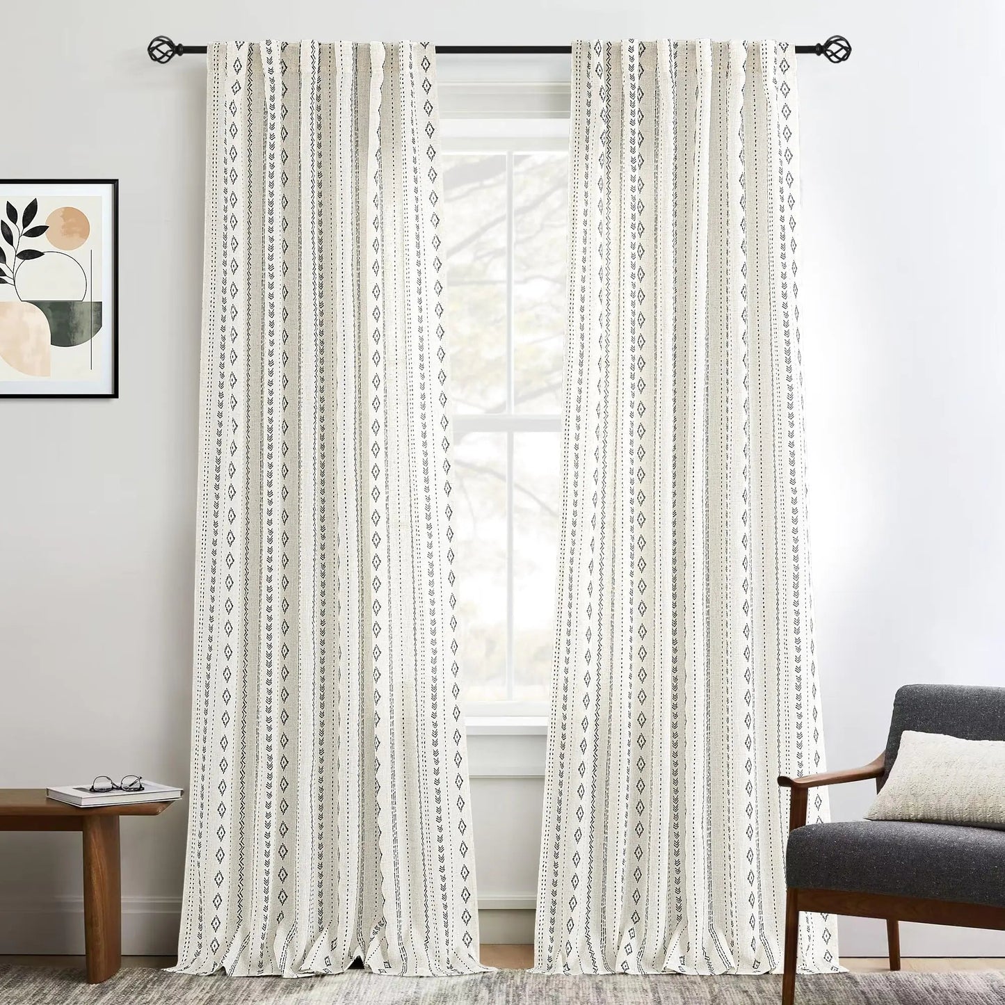 Cream Black Stripe Geometric Pattern Linen Semi Sheer Curtains Back Tab 2 Panels 52"W x 96"L - Kia Day Design