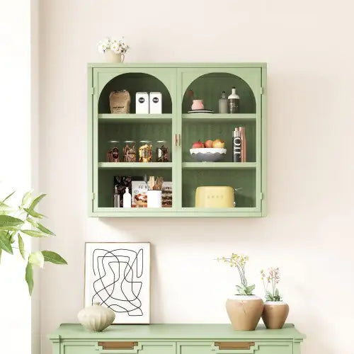 Green Double Door Arched Glass Wall Cabinet - Kia Day Design