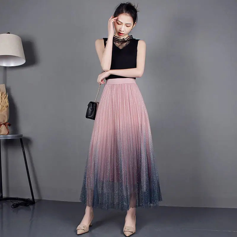 High-Waisted Pleated Skirt with Gradient Mesh Design - Kia Day Design