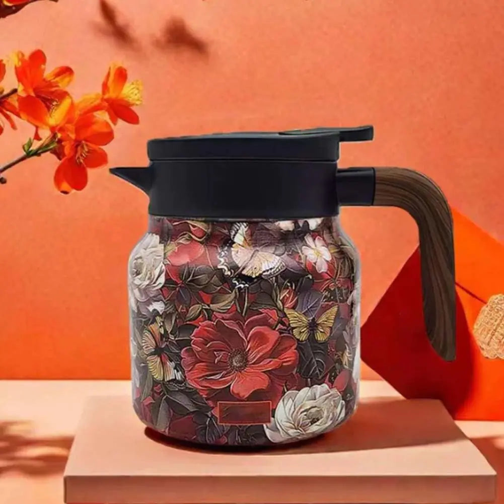 Doresty Thermos Tea Pot Vintage Floral Pattern Built-In Infuser - F 1000ml-Wooden handle - coffee maker