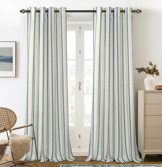 Navy Striped Linen Blend Blackout Curtains 102 Inches Long Thermal Insulated 2 Panels W52 x L102 - Kia Day Design