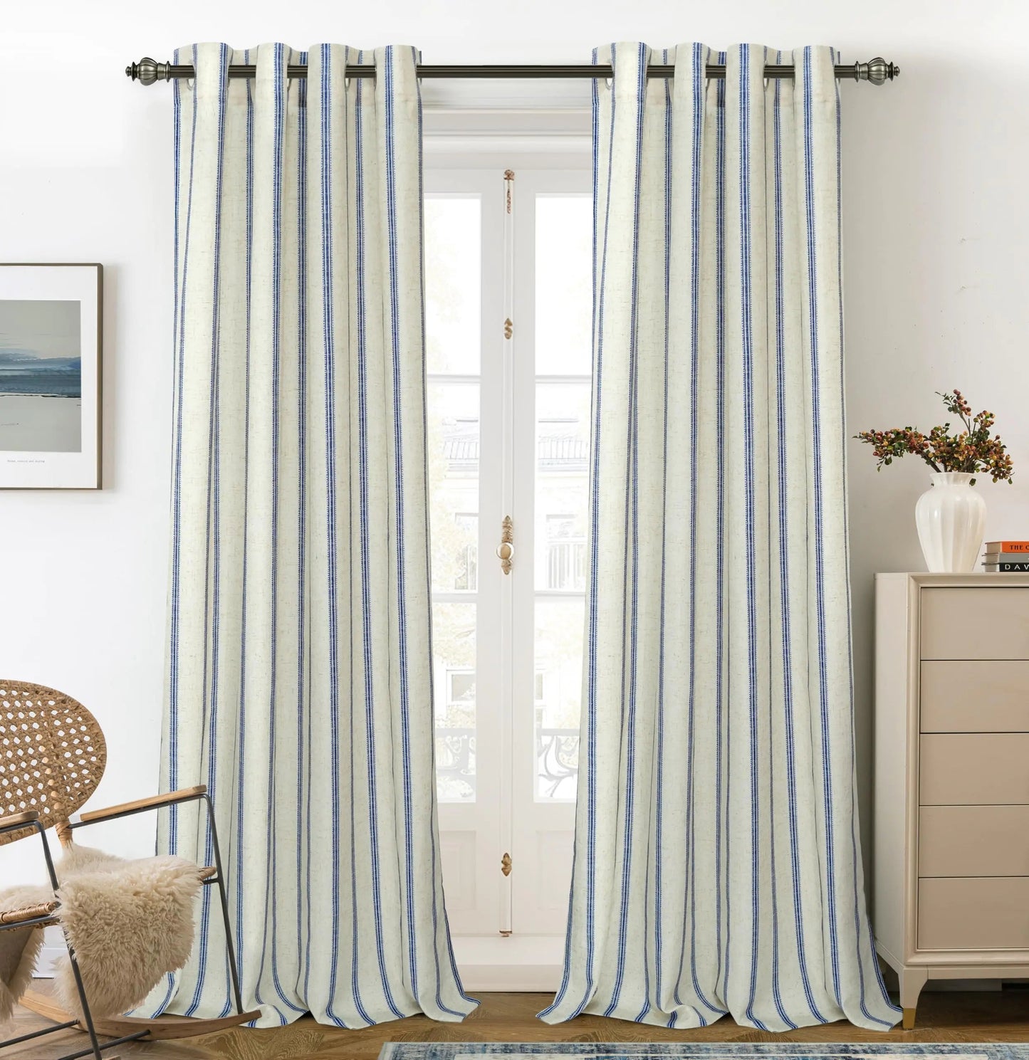 Navy Striped Linen Blend Blackout Curtains 102 Inches Long Thermal Insulated 2 Panels W52 x L102 - Kia Day Design