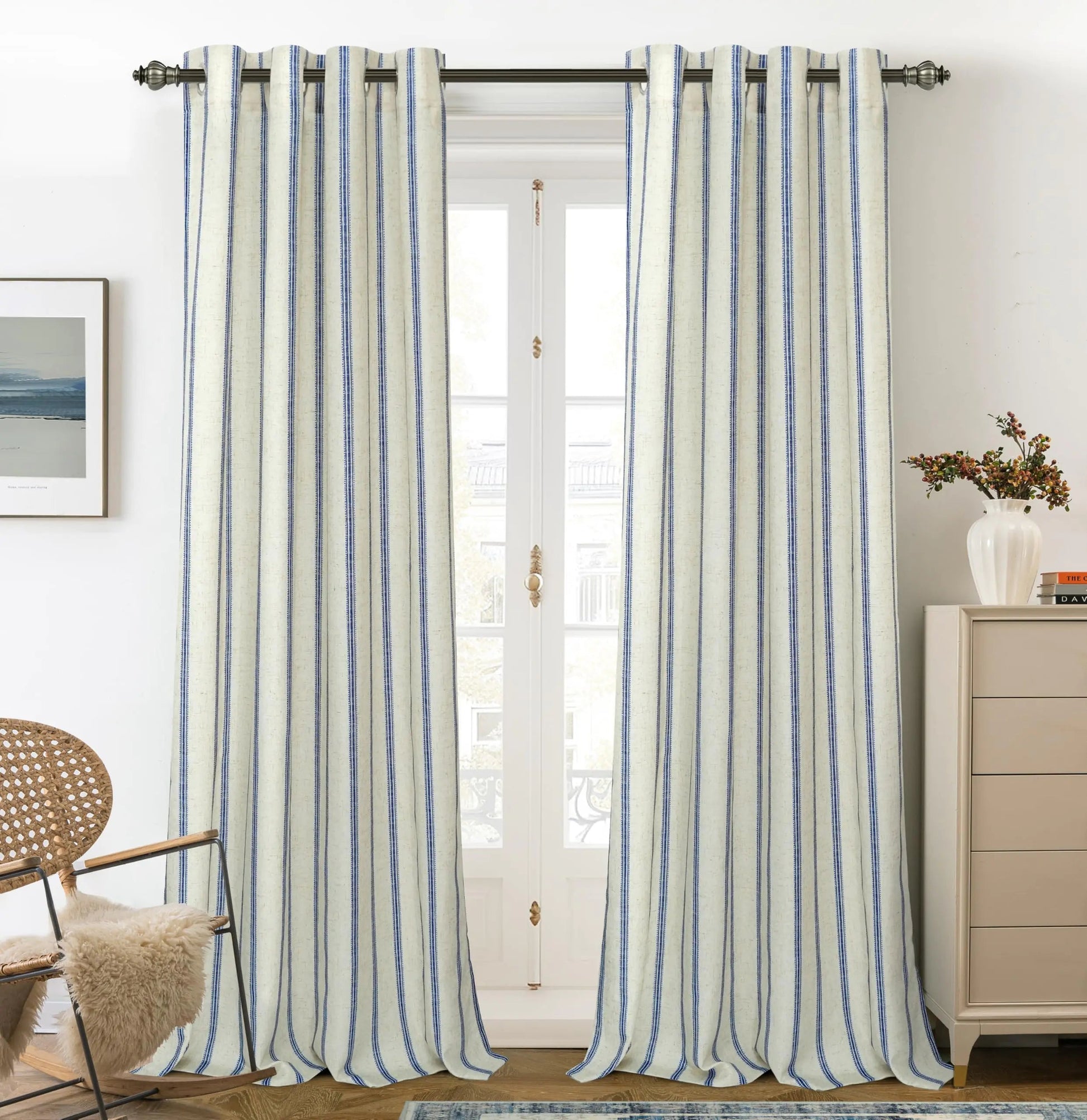 Navy Striped Linen Blend Blackout Curtains 102 Inches Long Thermal Insulated 2 Panels W52 x L102 - Kia Day Design