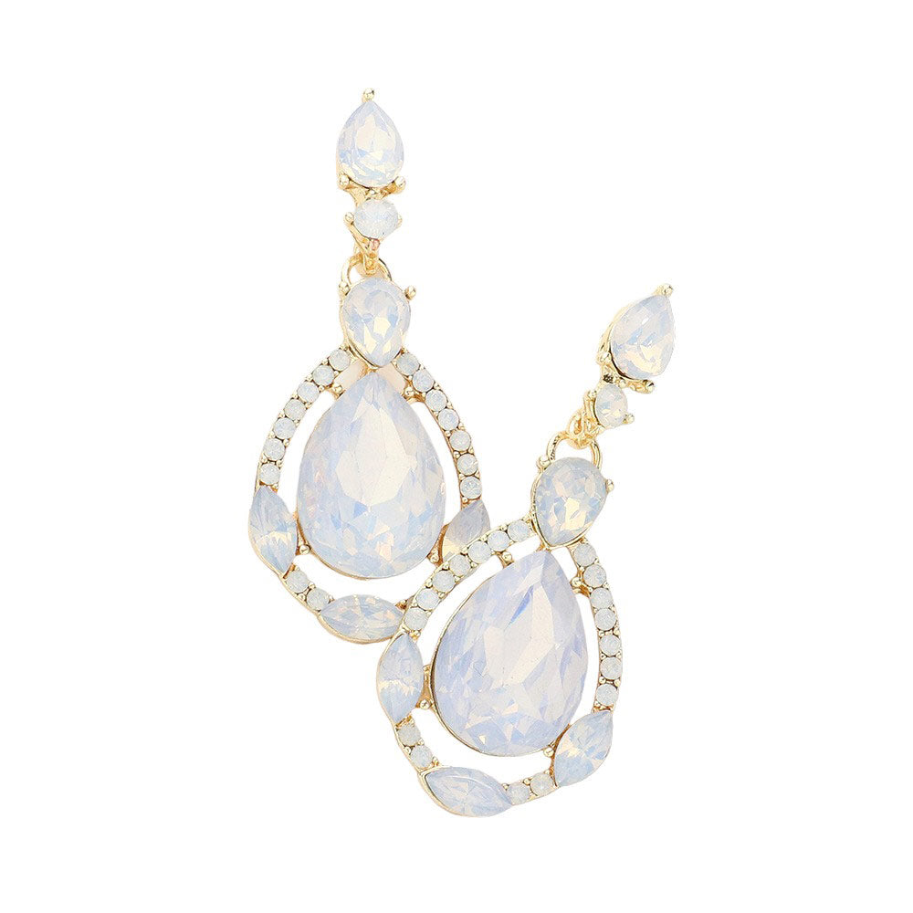 Crystal Rhinestone Teardrop Evening Earrings - Opal White - Earrings