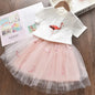 Girls Short Sleeve Polka Dot Skirt Set white light pink 4T