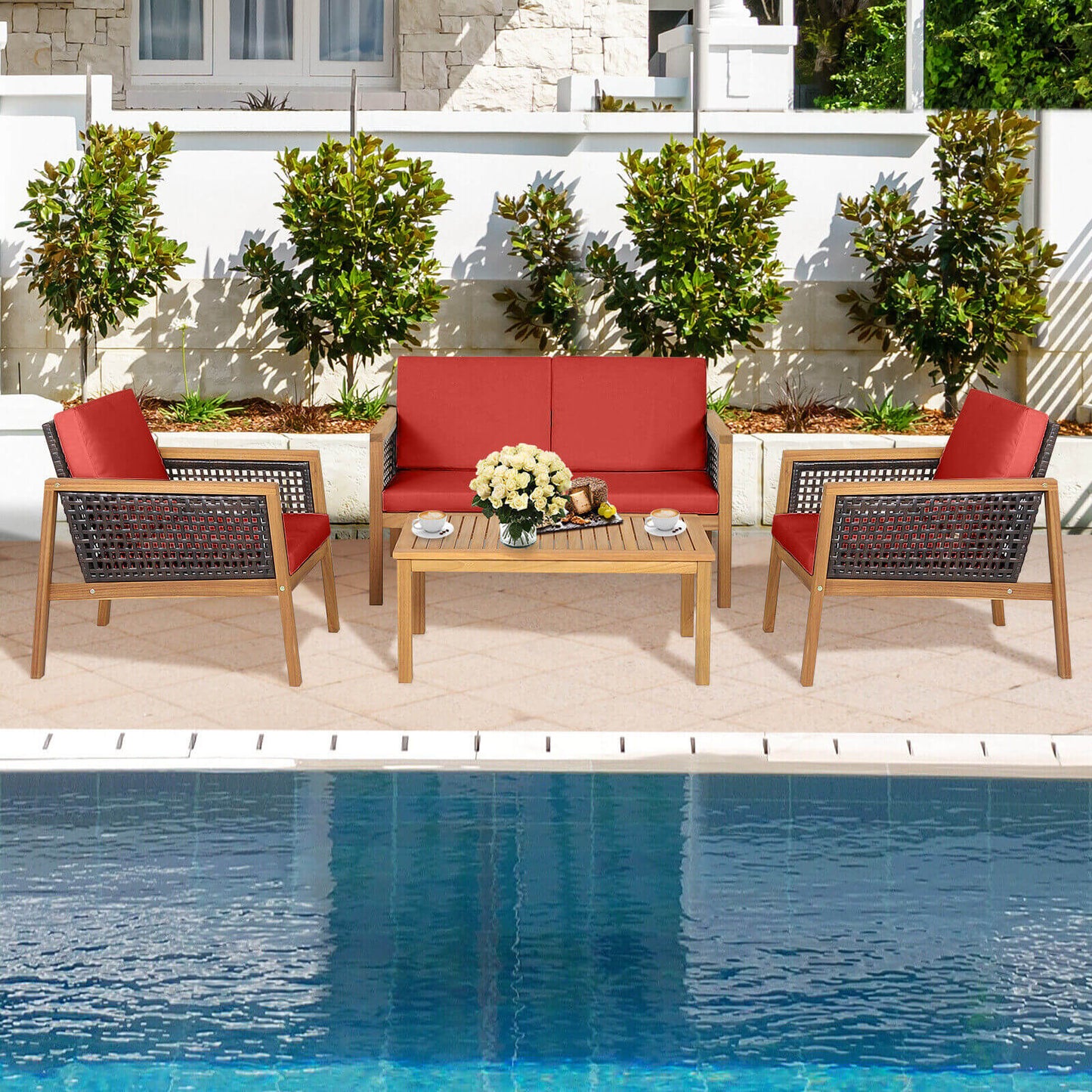 4 Pieces Patio Rattan Furniture Set with Removable Cushions- DirectDeals- {{Product type}}