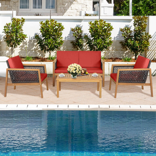 4 Pieces Patio Rattan Furniture Set with Removable Cushions - - patio set