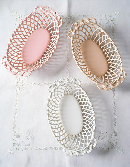 Ceramic Oval Basket – Hand-Woven Dish in White, Beige & Pink Glazed Porcelain - - Bowl