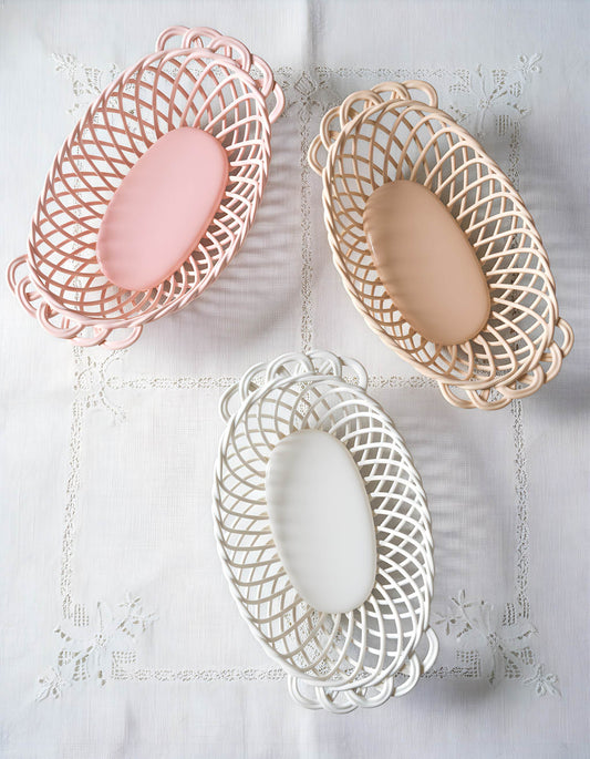 Oval Ceramic Basket – Hand-Woven Dish White, Beige & Pink Glazed Porcelain - - Bowl