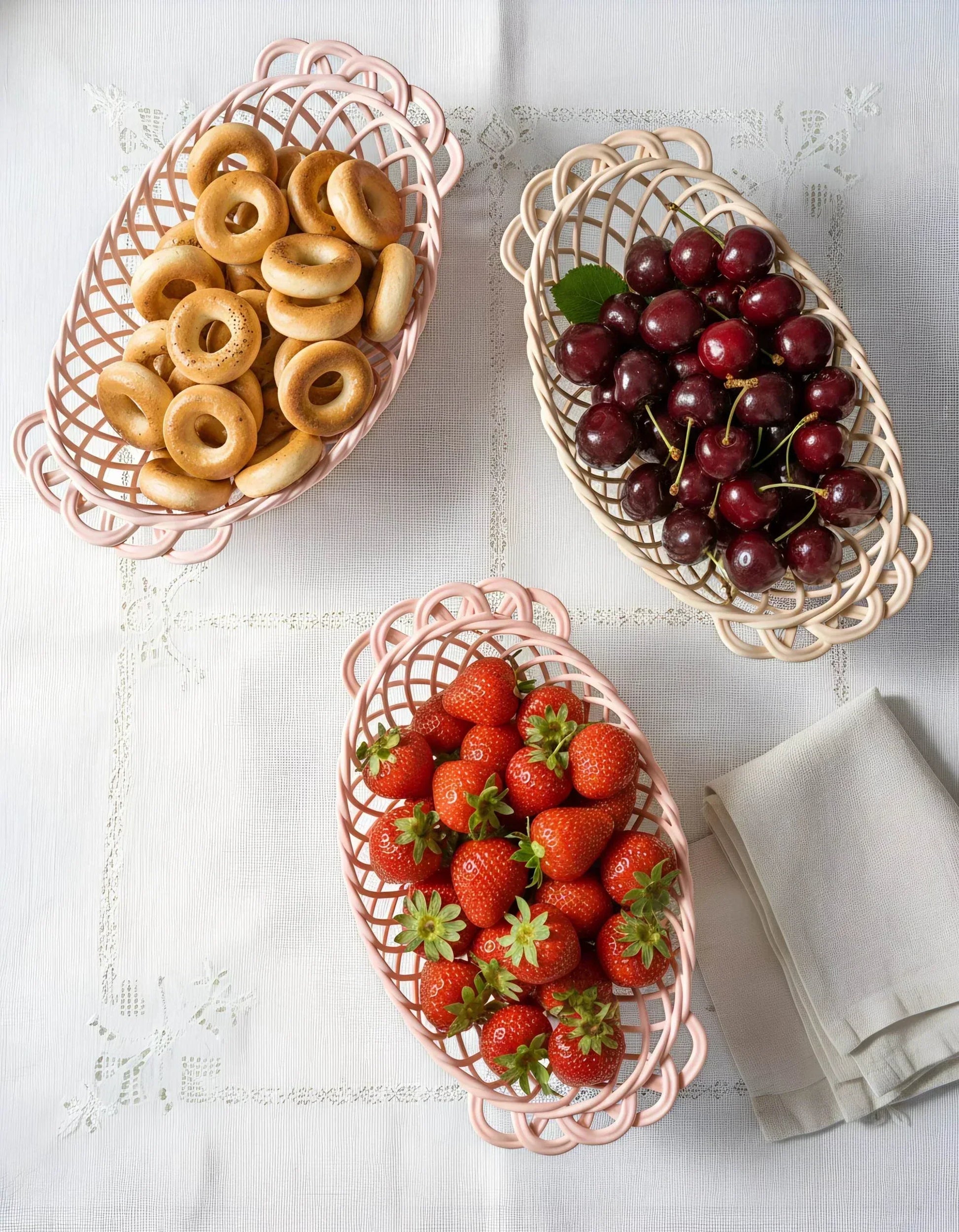 Ceramic Oval Basket – Hand-Woven Dish in White, Beige & Pink Glazed Porcelain - - Bowl