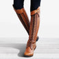 Knee-High Studded Lace-Up Chunky Heeled Boots - Brown 40 - heeled boots