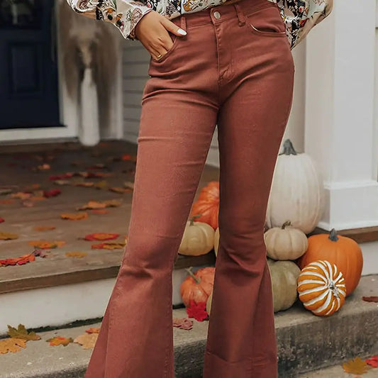 Solid Color High Waist Pocket Button Jeans - Reddish Brown - jeans