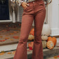 Solid Color High Waist Pocket Button Jeans - Reddish Brown - jeans