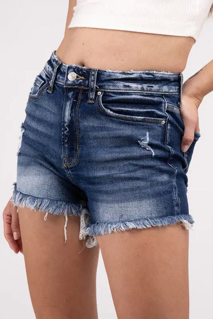 Raw Frayed Hem Ripped Denim Shorts L DARK Blue