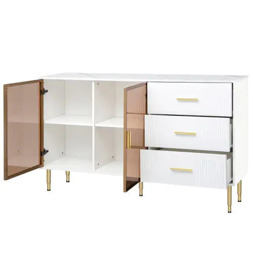 Modern Sideboard, Buffet Cabinet With Marble Sticker Top And Amber Tempered Glass Door With Gold Metal Legs And Handles Kia Day Design