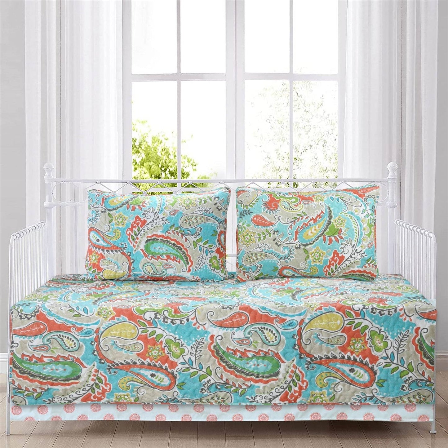 Aqua Paisley Floral 4 Piece Daybed Cover Set - - Bedroom > Quilts & Blankets