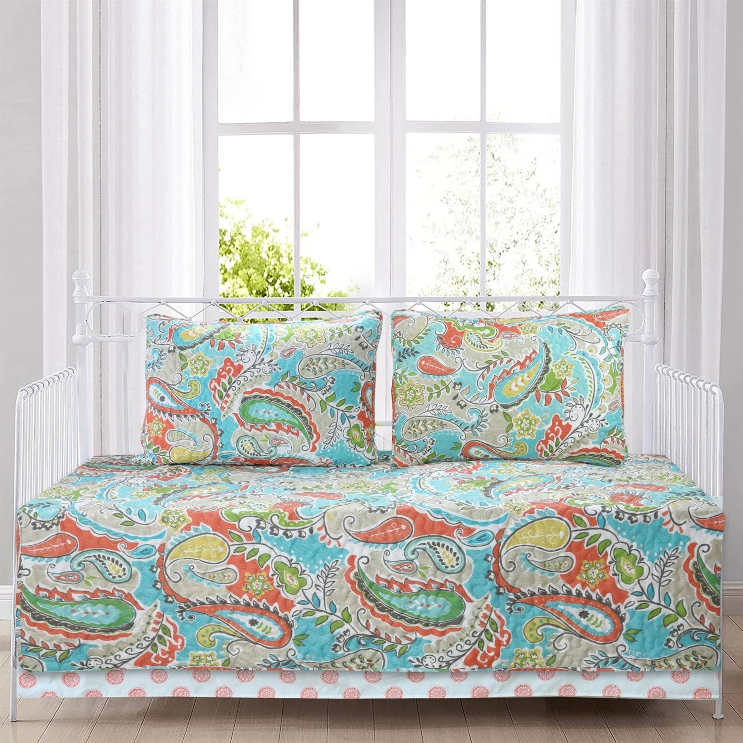 Aqua Paisley Floral 4 Piece Daybed Cover Set - - Bedroom > Quilts & Blankets