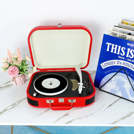 Retro Bluetooth Vinyl Record Player and Speaker Unit - Red - record player