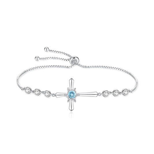 FANCIME Aquamarine Cross Bracelet 925 Sterling Silver Halo March Birthstone Bracelet Fine Jewelry Birthday Gifts for Her Women