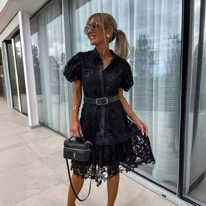 2024 Spring/Summer Short Sleeve Lace Button Dress - Kia Day Design