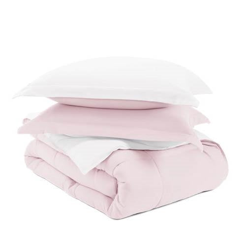 Full/Queen 3-Piece Microfiber Reversible Comforter Set in Blush Pink and White - - Bedroom > Comforters and Sets