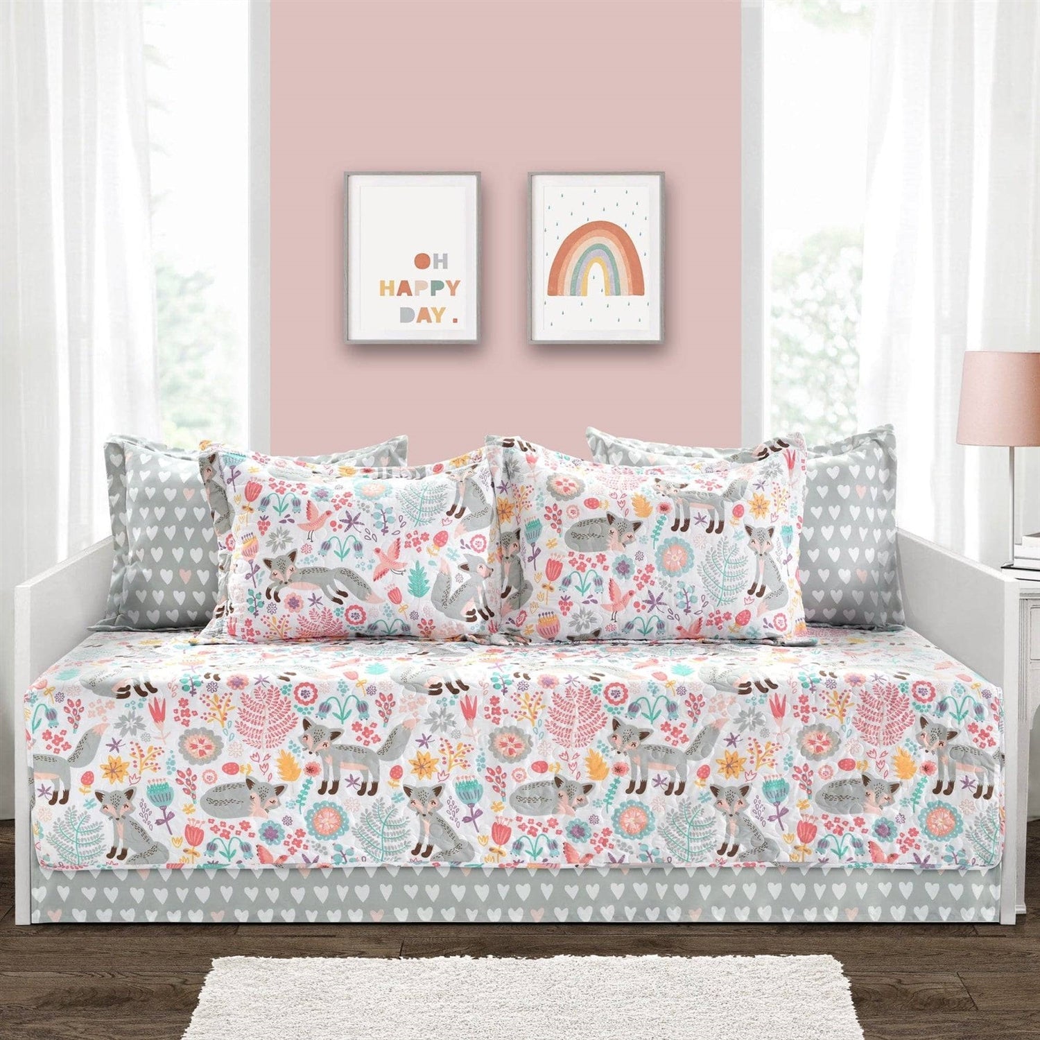 Pink Teal Orange Grey 6 Piece Floral Foxes Daybed Cover Bedding Set- HomePacific- {{Product type}}