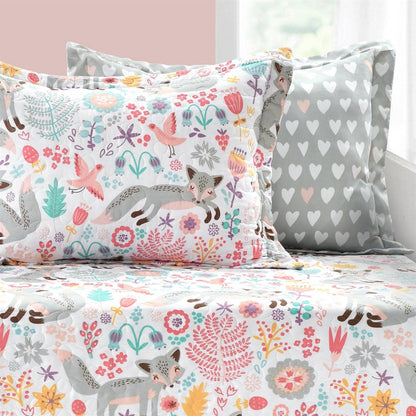 Pink Teal Orange Grey 6 Piece Floral Foxes Daybed Cover Bedding Set- HomePacific- {{Product type}}