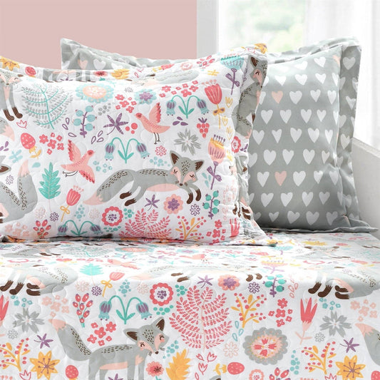 Pink Teal Orange Grey 6 Piece Floral Foxes Daybed Cover Bedding Set - - Bedroom > Quilts & Blankets