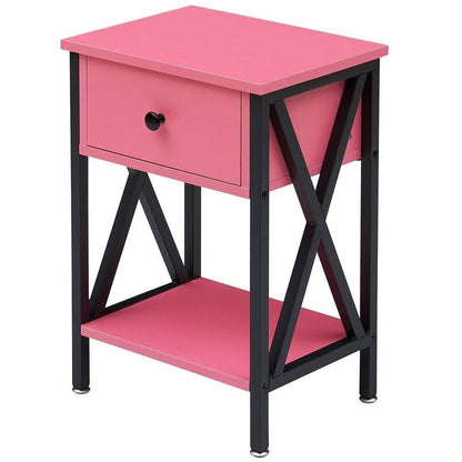 Set of 2 - 1-Drawer Nightstand Bedside Table in Pink and Black - - Bedroom > Nightstand and Dressers