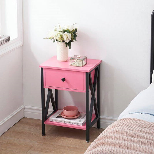 Set of 2 -Pink and Black 1-Drawer Nightstand Bedside Tables - - Bedroom > Nightstand and Dressers