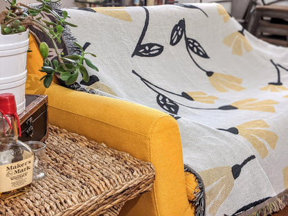 DaDa Bedding Yellow Fleur Botanical Sunshine Golden Floral Woven Tapestry Throw Blanket - 50” x 60” (18112) - - Throw Blankets