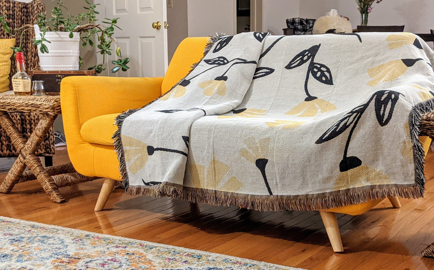 DaDa Bedding Yellow Fleur Botanical Sunshine Golden Floral Woven Tapestry Throw Blanket - 50” x 60” (18112) - - Throw Blankets