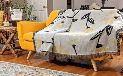 DaDa Bedding Yellow Fleur Botanical Sunshine Golden Floral Woven Tapestry Throw Blanket - 50” x 60” (18112) - - Throw Blankets