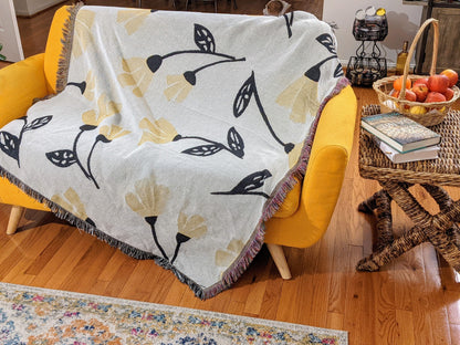 DaDa Bedding Yellow Fleur Botanical Sunshine Golden Floral Woven Tapestry Throw Blanket - 50” x 60” (18112) - - Throw Blankets