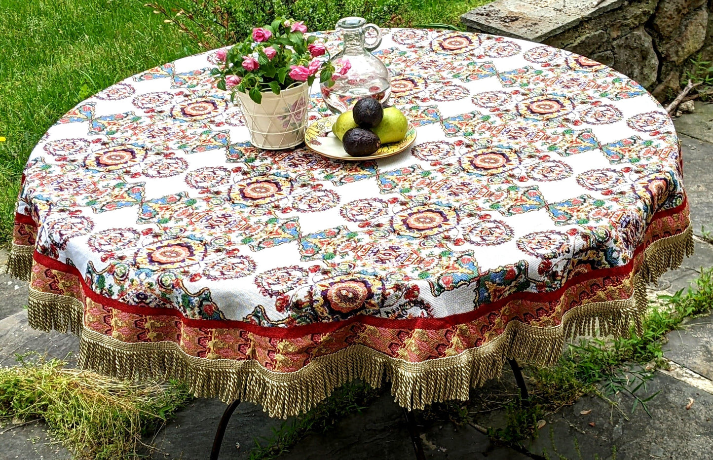 Tache Elegant Ivory Colorful Ornate Paisley Woven Tapestry Tablecloth (18193) - - Tablecloth