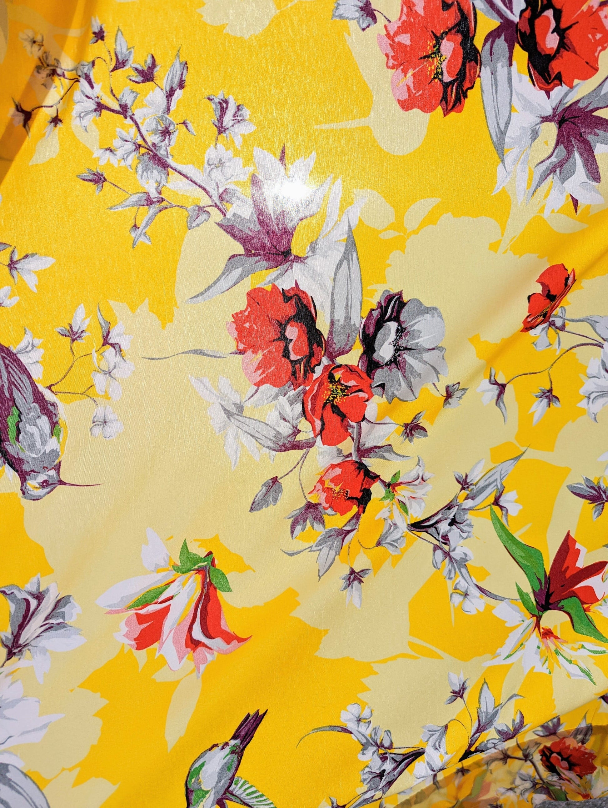 DaDa Bedding Set of 2 Radiant Sunshine Yellow Floral Window Curtain Panels - Natural Semi Sheer Hummingbirds Farmhouse Red Flowers Straight Tailored Edge - - Curtains