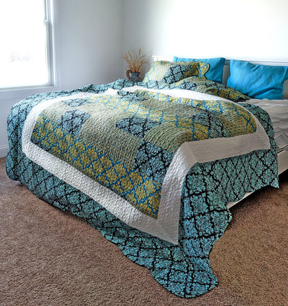Tache Damask Ornate Baroque Teal Turquoise Blue Green Scalloped Quilt Set (SD-3300) - - Quilt / Bedspread