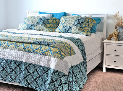 Tache Damask Ornate Baroque Teal Turquoise Blue Green Scalloped Quilt Set (SD-3300) - Cal King - Quilt / Bedspread