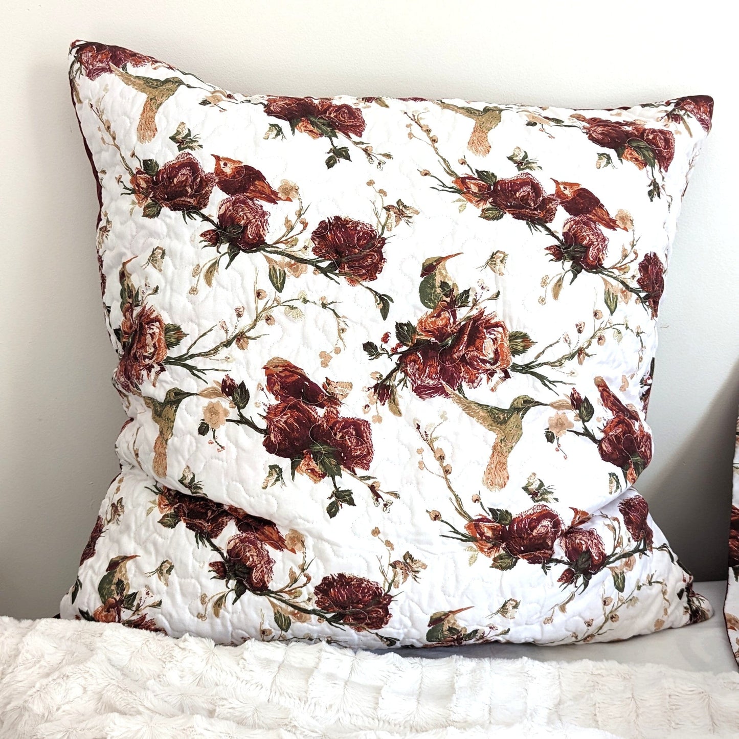 Tache Floral Hummingbirds Burgundy White Vintage Rose Garden Cushion Covers / Euro Sham (SD-7676) - - Euro Sham / Cushion Cover