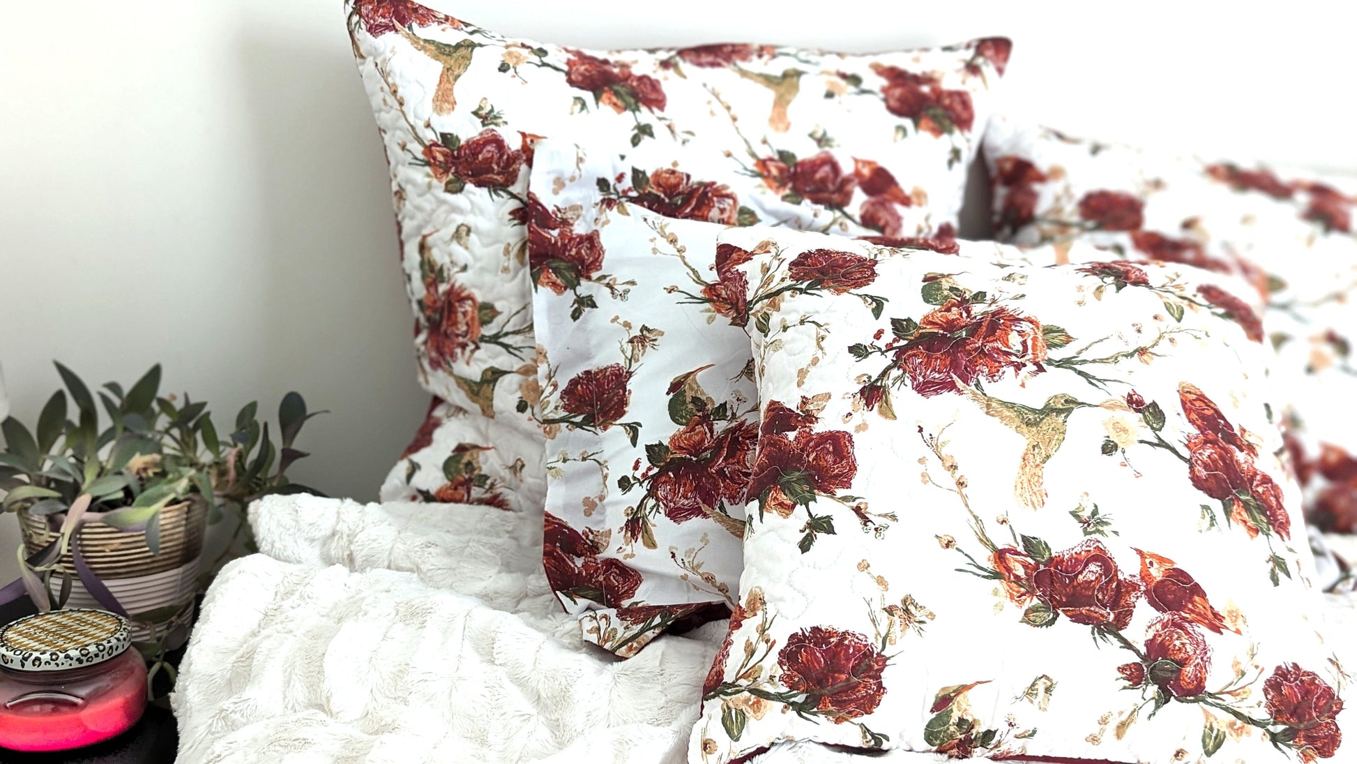 Tache Floral Hummingbirds Burgundy White Vintage Rose Garden Cushion Covers / Euro Sham (SD-7676) - - Euro Sham / Cushion Cover