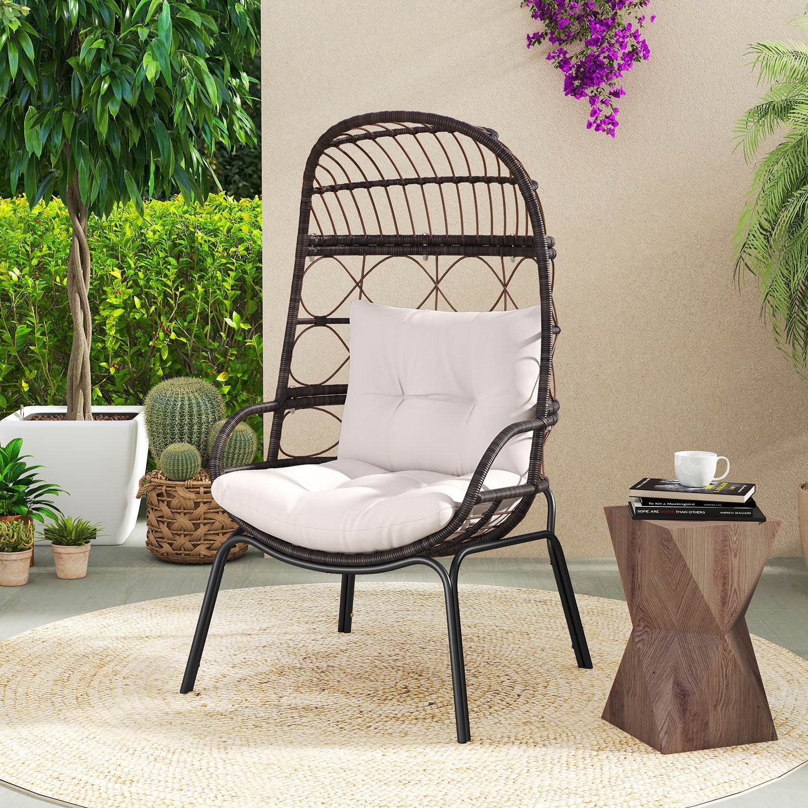 Patio Wicker Egg Chair Outdoor Rattan Lounge Basket with Seat and Back Cushions-Brown - -