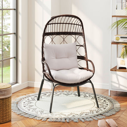 Patio Wicker Egg Chair Outdoor Rattan Lounge Basket with Seat and Back Cushions-Brown - -