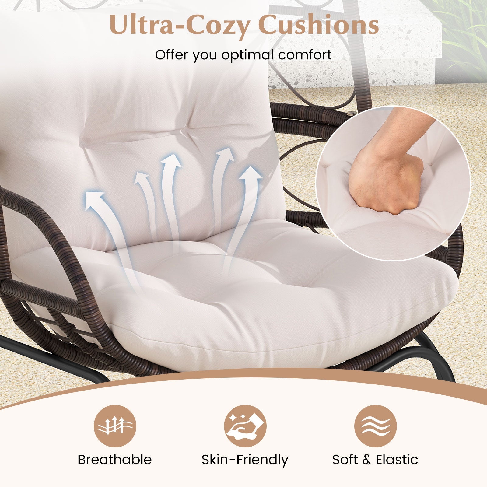 Patio Wicker Egg Chair Outdoor Rattan Lounge Basket with Seat and Back Cushions-Brown - -
