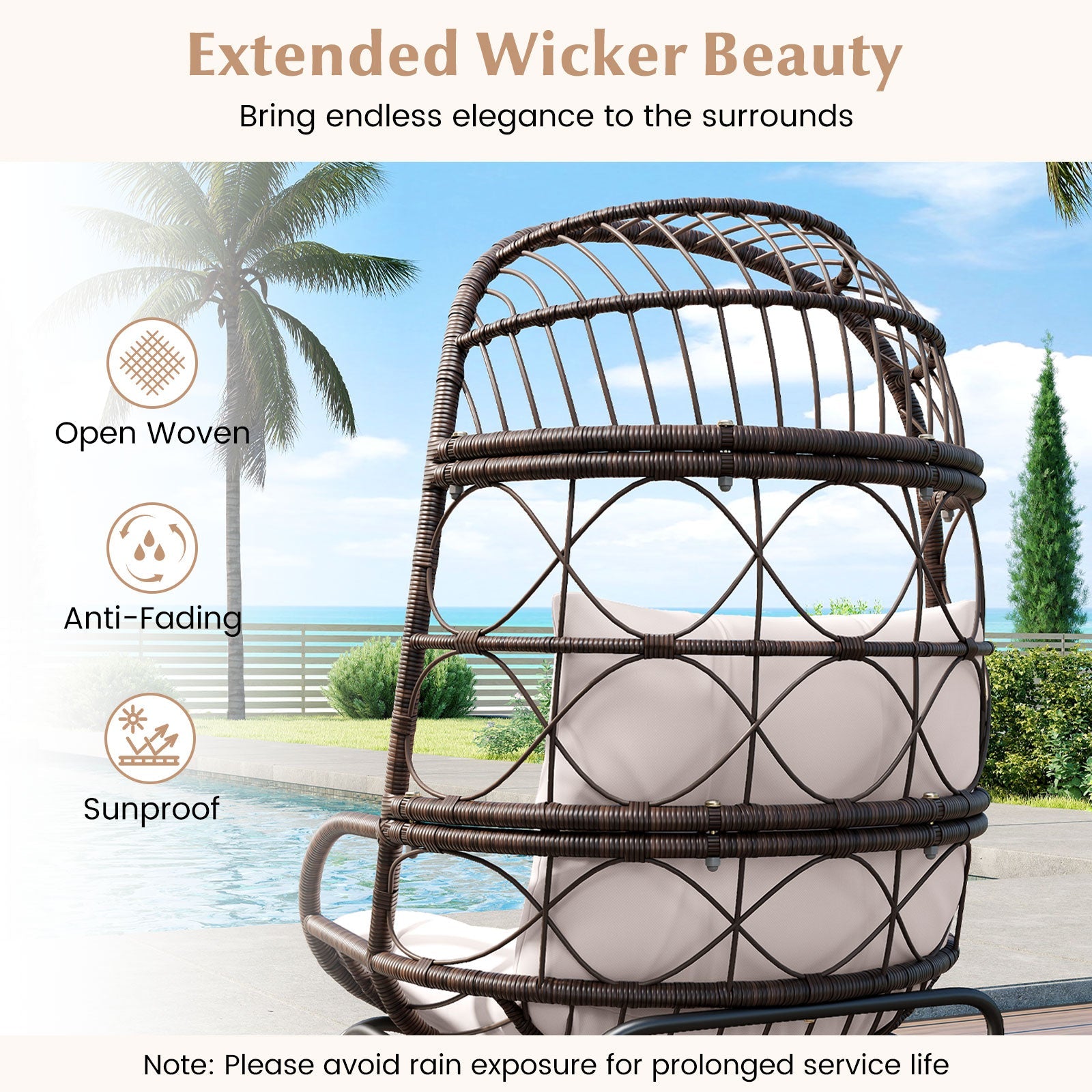 Patio Wicker Egg Chair Outdoor Rattan Lounge Basket with Seat and Back Cushions-Brown - -
