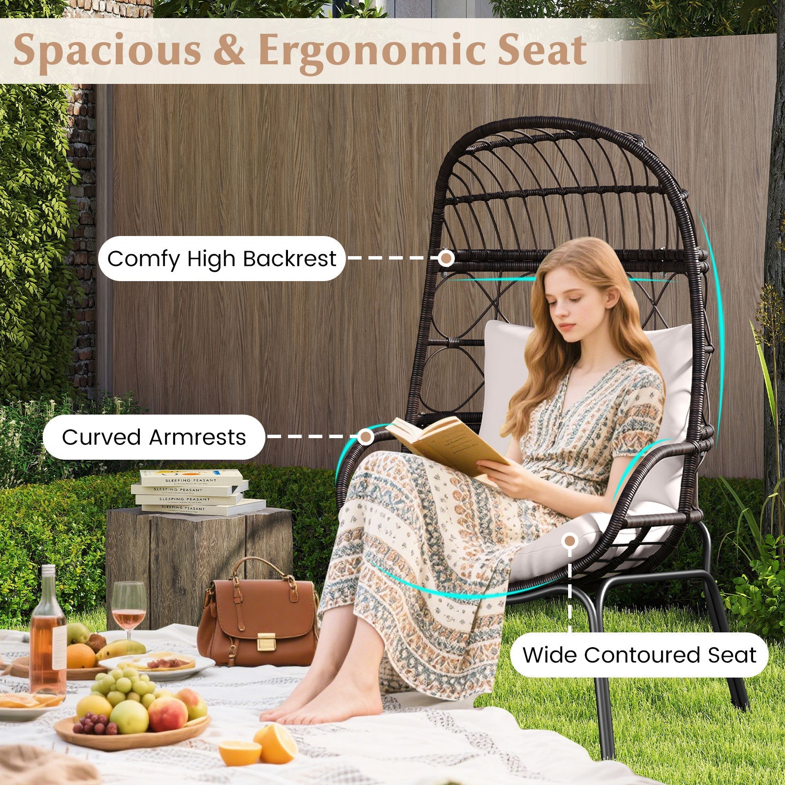 Patio Wicker Egg Chair Outdoor Rattan Lounge Basket with Seat and Back Cushions-Brown - -